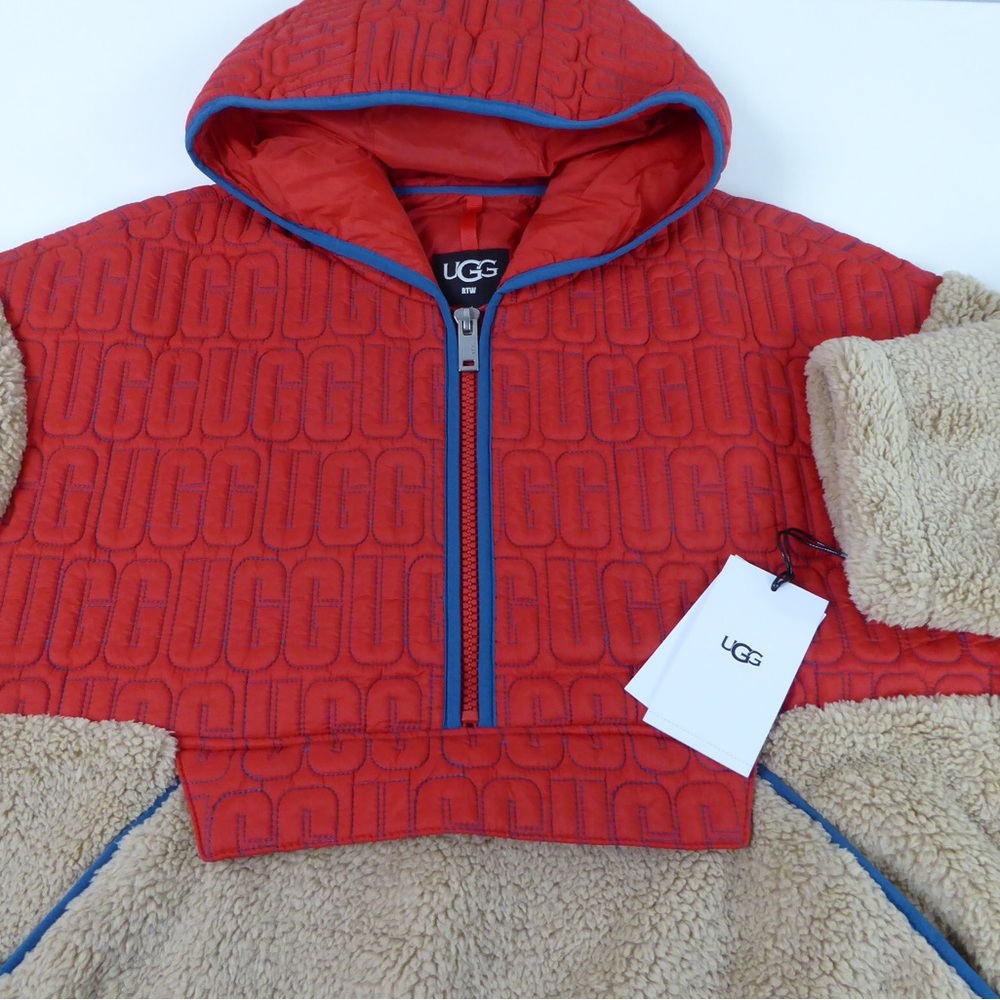 UGG Sherpa Fleece 1/2 Zip Iggy ColorBlock Logo Quilted Hooded Jacket NWT